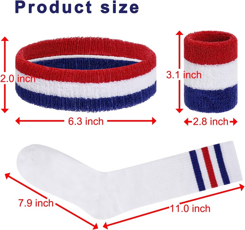 Sucrain 5 Pieces Striped Sweatbands and Socks Set, Sports Sweatbands Wrist Sweat Bands Red, White& Blue High Tube Socks 80s Accessories Costumes for Men Women - Image 2